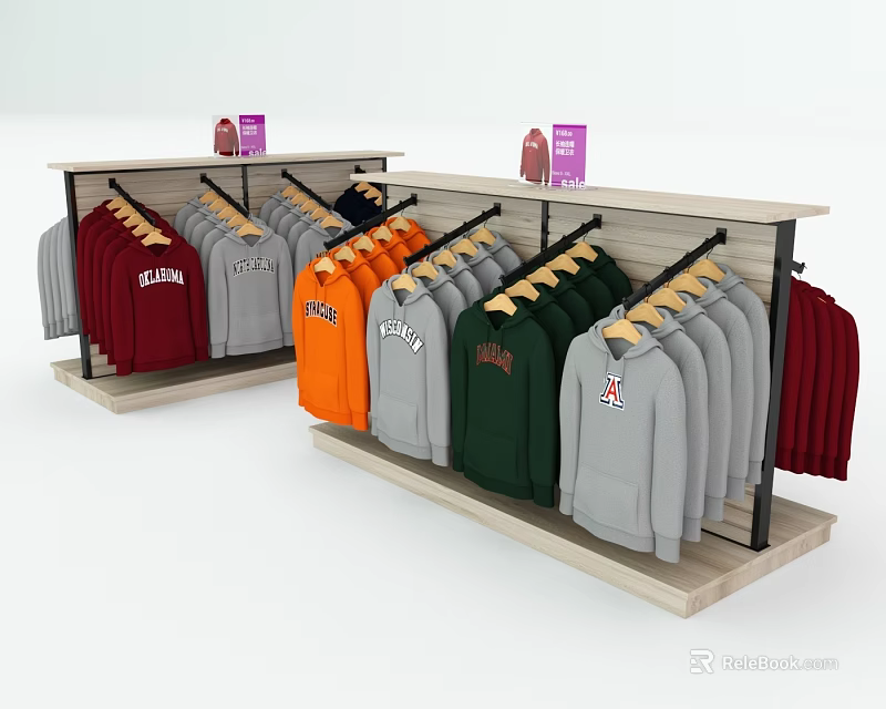 Retail Display Shelves With Hanging Colorful Hoodies And Small Signage In Store 3d model 