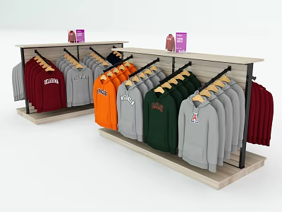 Retail Display Shelves With Hanging Colorful Hoodies And Small Signage In Store 3d model