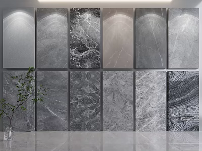 Various Gray Marble Texture Wall Panels Display With Green Plant And Glass Vase 3d model