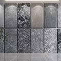 Various Gray Marble Texture Wall Panels Display With Green Plant And Glass Vase