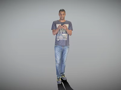 Man in Gray T-Shirt with Blue Jeans Using Smartphone Standing on Black Line Gray Background 3d model