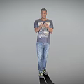 Man in Gray T-Shirt with Blue Jeans Using Smartphone Standing on Black Line Gray Background
