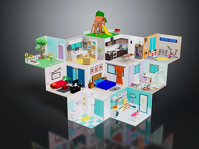 Cartoon Style Multi Level House with Various Rooms and Playground Elements Like Slide 3d model