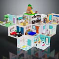 Cartoon Style Multi Level House with Various Rooms and Playground Elements Like Slide