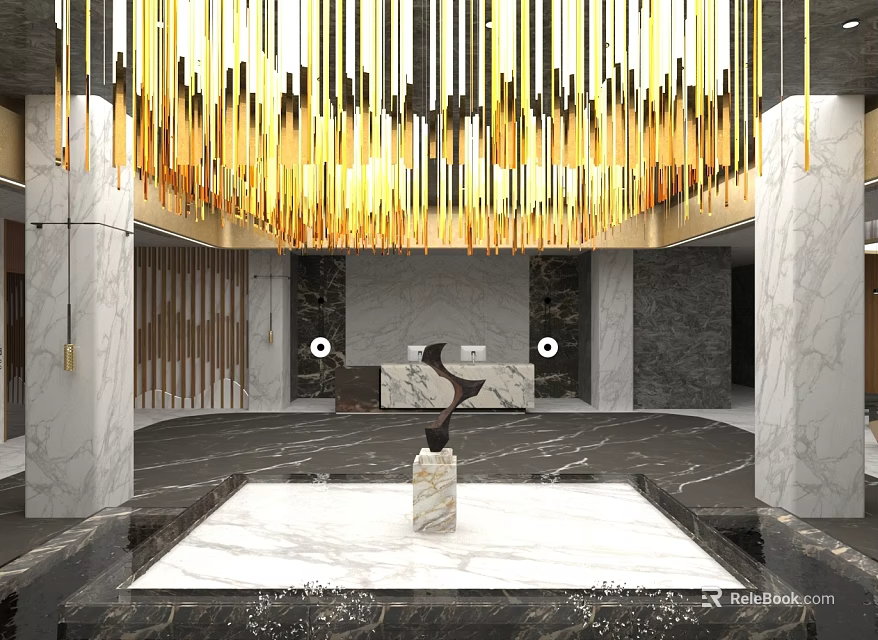 Luxurious Modern Hotel Lobby with Golden Chandelier Marble Reception Desk Elegant Columns and Artistic Sculpture 3d model 