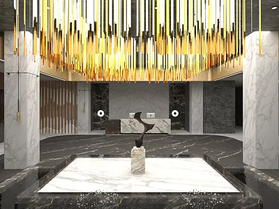 Luxurious Modern Hotel Lobby with Golden Chandelier Marble Reception Desk Elegant Columns and Artistic Sculpture 3d model