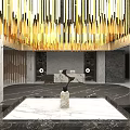 Luxurious Modern Hotel Lobby with Golden Chandelier Marble Reception Desk Elegant Columns and Artistic Sculpture