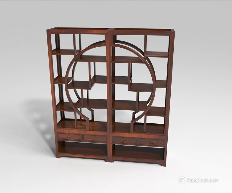 Traditional Wooden Decorative Cabinet With Multiple Shelves And Circular Cutout Design 3d model 