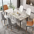 Modern Dining Table Set With Marble Top Grey White Orange Chairs Large Windows And Decor 3d model
