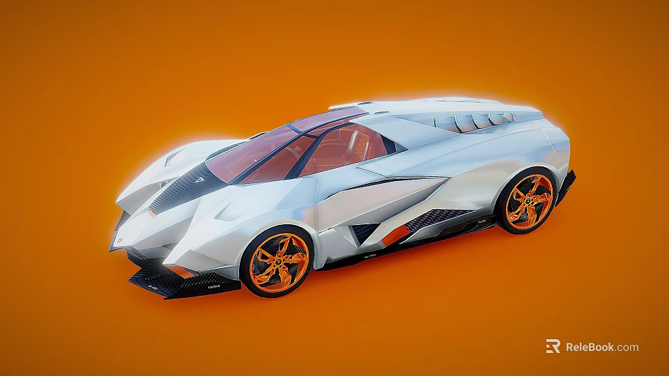 Silver Futuristic Sports Car With Sleek Design And Orange Wheels On Orange Background 3d model 