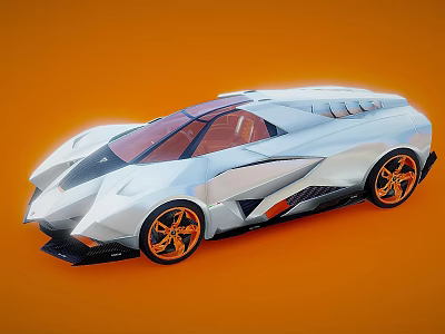 Silver Futuristic Sports Car With Sleek Design And Orange Wheels On Orange Background 3d model