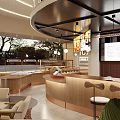 Modern Café Interior Design With Open Layout Bakery Display Cases Wooden Counter And Staircase Plants