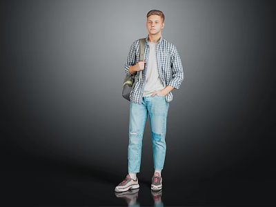 A Young Man Standing in Casual Outfit With Plaid Shirt White T-Shirt Jeans and Backpack 3d model