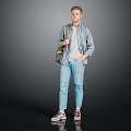A Young Man Standing in Casual Outfit With Plaid Shirt White T-Shirt Jeans and Backpack