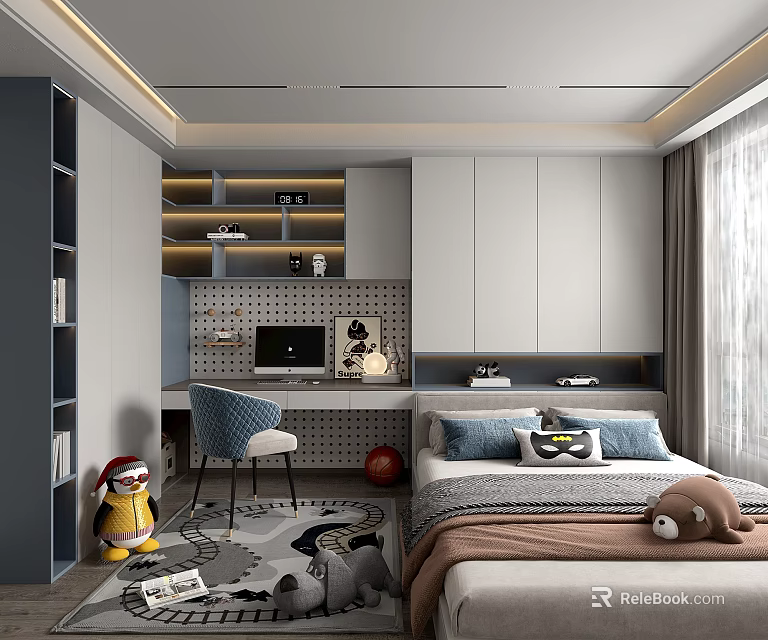 Modern Tatami Bedroom Interior Design With Desk Chair Bookshelf Bed Pillows And Toys 3d model 