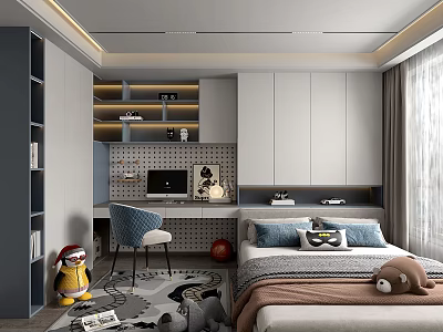 Modern Tatami Bedroom Interior Design With Desk Chair Bookshelf Bed Pillows And Toys 3d model