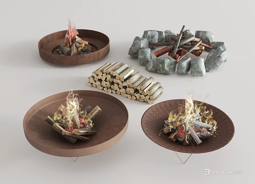 Different Fire Pit Designs Featuring Round Stone Surrounded And Burning Flames Firewood Logs 3d model