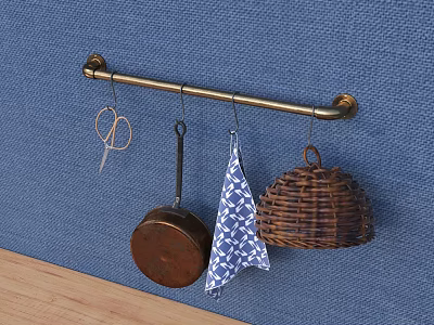 Brass Kitchen Rod With Hanging Scissors Copper Pan Cloth And Wicker Basket 3d model