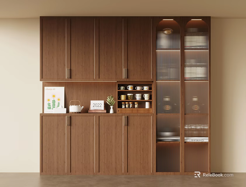 Modern Wooden Sideboard Featuring Closed Cabinets Glass Doors And Decorative Calendar Plant Cups 3d model 