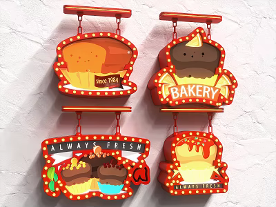Public Facility Bakery Signs With Neon Lights Showing Always Fresh Pastry And Cupcake 3d model