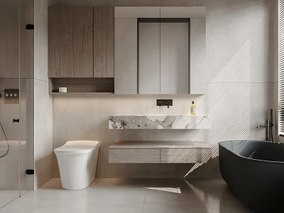 Modern Bathroom Interior With Wooden Cabinets Marble Countertop Sink Large Mirror And Black Bathtub 3d model