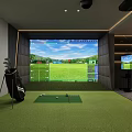 Indoor Golf Practice Room With Simulation Screen Green Turf And Golf Clubs