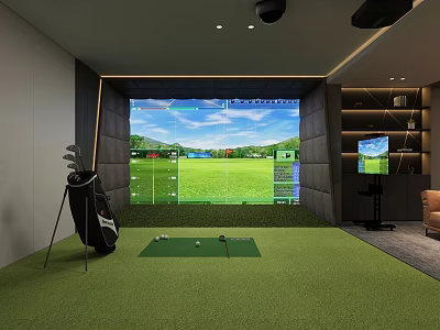 Indoor Golf Practice Room With Simulation Screen Green Turf And Golf Clubs 3d model