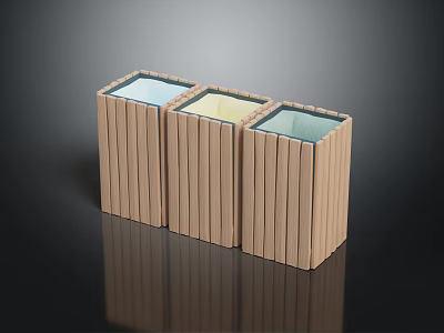 Three Vertical Wooden Slat Containers With Blue Yellow Teal Top Panels For Home Storage 3d model