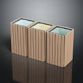 Three Vertical Wooden Slat Containers With Blue Yellow Teal Top Panels For Home Storage