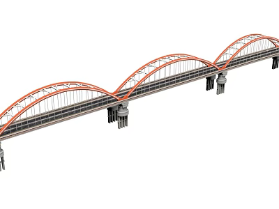 Modern Arch Bridge with Orange Arches Supporting Piers and Roadway Structure 3d model