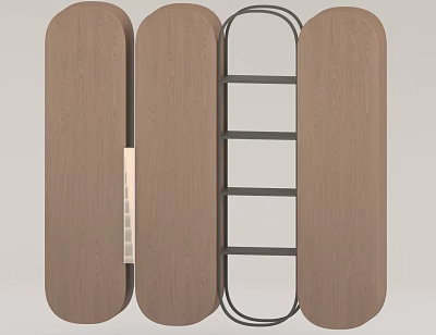 Modern Wooden Bookshelf With Curved Panels And Black Metal Ladder Structure 3d model