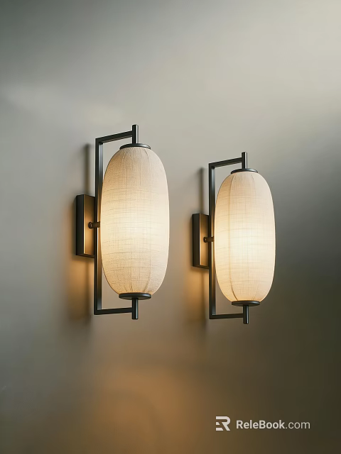 Two Modern Black Metal Wall Sconces With Beige Fabric Shades Mounted On Wall 3d model 