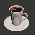 Freshly Brewed Coffee In White Striped Cup With Foam Art On White Saucer