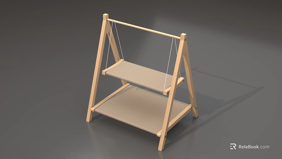 Wooden Two Tier Storage Shelf With Rope Supported Shelves And Natural Wood Frame 3d model 