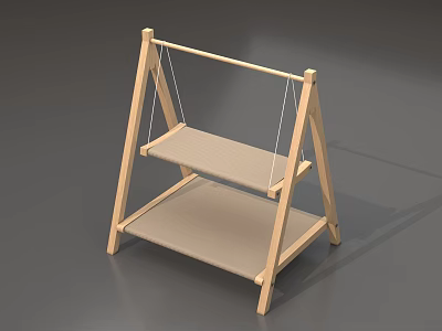 Wooden Two Tier Storage Shelf With Rope Supported Shelves And Natural Wood Frame 3d model