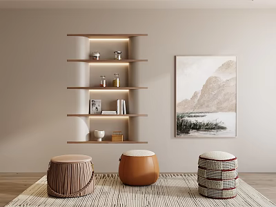 Three Round Ottoman Stools with Woven Textures on Rug Near Wooden Shelves and Landscape Painting 3d model