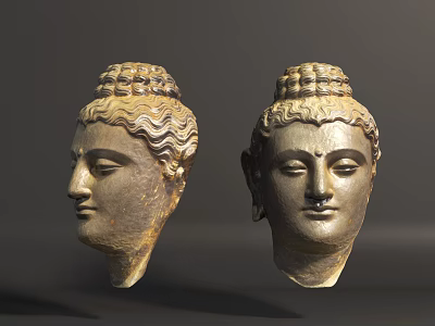 Two Ancient Buddha Head Sculptures With Curly Hair And Decorative Topknot Features 3d model