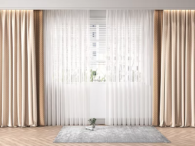 Beige Thick Curtains With White Sheer Covering Window Over Wooden Floor And Gray Rug 3d model