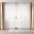 Beige Thick Curtains With White Sheer Covering Window Over Wooden Floor And Gray Rug