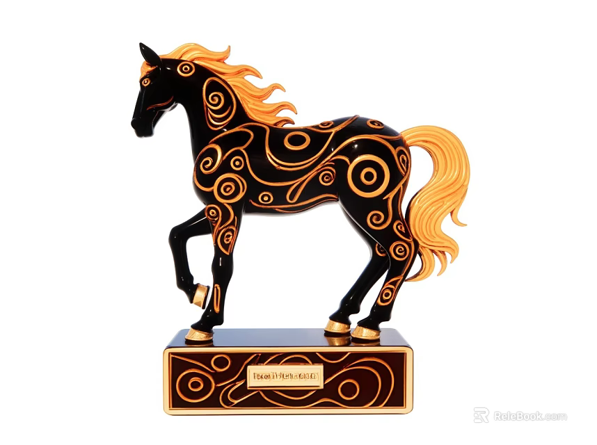 Black And Gold Decorative Horse Figurine With Spiral Patterns And Horse of the Year Base 3d model 