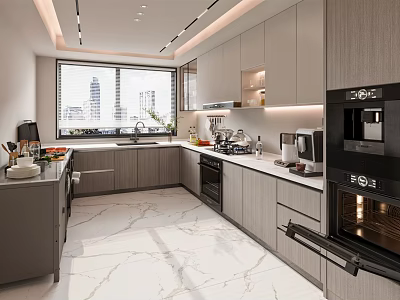 Modern Kitchen Interior Design With Gray Cabinets Marble Countertop And Large Window Appliances 3d model