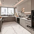 Modern Kitchen Interior Design With Gray Cabinets Marble Countertop And Large Window Appliances