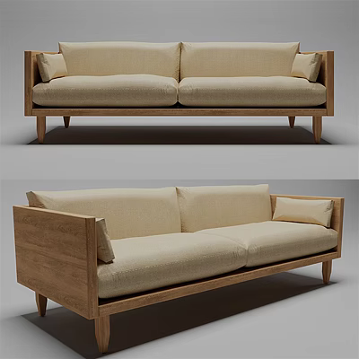 Modern Beige Large Sofa Featuring Wooden Frame Soft Fabric Cushions And Pillows 3d model