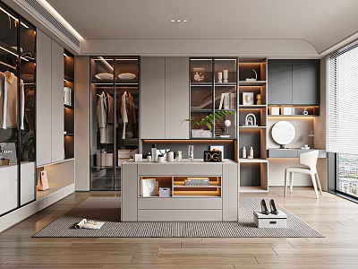 Modern Walk in Closet Interior Design With Cabinets Dressing Table Mirror And Storage Shelves 3d model