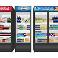 Commercial Beverage Display Refrigerators Stocked With Bottled And Canned Drinks For Retail Stores