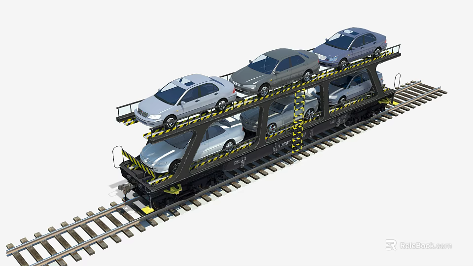 Cars Loaded On Double Deck Railway Transport Carrier Moving On Tracks 3d model 