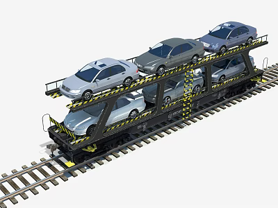 Cars Loaded On Double Deck Railway Transport Carrier Moving On Tracks 3d model