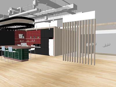 Modern Break Room With Red Cabinets Green Counter Stools And Wooden Flooring 3d model