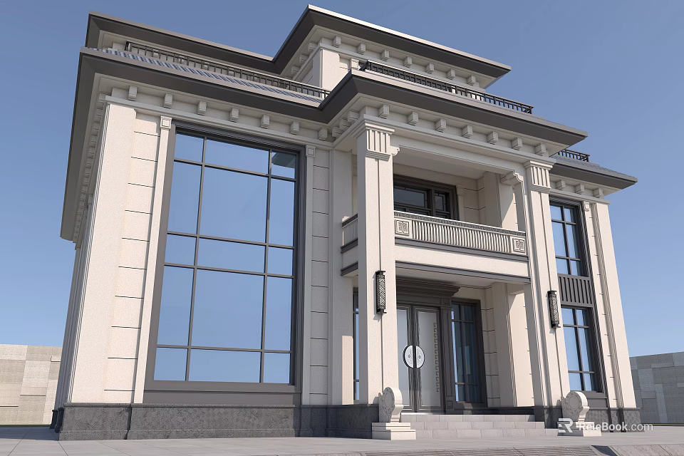 Classic European Style Detached Villa With White Exterior Large Windows Columns And Balcony 3d model 