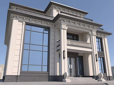 Classic European Style Detached Villa With White Exterior Large Windows Columns And Balcony 3d model